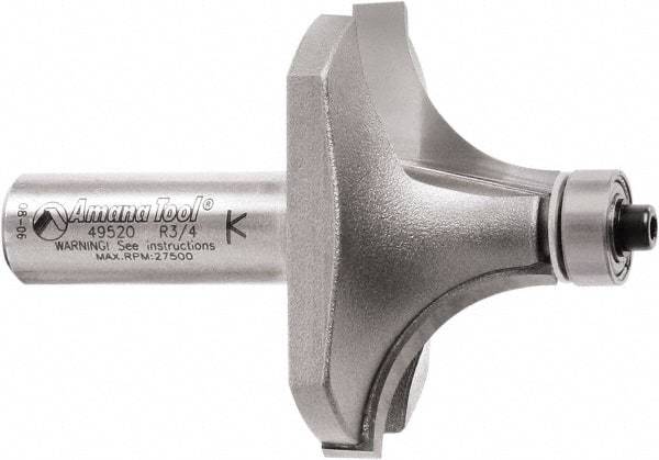 Amana Tool - 2" Cut Diam, 1" Length of Cut, 2 Flute Round-Over Edge Profile Router Bit - Carbide-Tipped, 1/2" Shank Diam, 2-7/8" OAL, Uncoated - Exact Tool & Supply