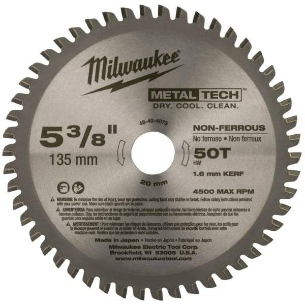 Milwaukee Tool - 5-3/8" Diam, 20mm Arbor Hole Diam, 50 Tooth Wet & Dry Cut Saw Blade - Carbide-Tipped, Standard Round Arbor - Exact Tool & Supply