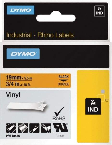 Dymo - 216" Long, Black on Orange Label Printer Cartridge - For DYMO Brand Labeling Equipment Designed for "D1" Tapes (Check Width Compatibility), RHINO 4200, 5200, 6000, 6500, 5000 - Exact Tool & Supply