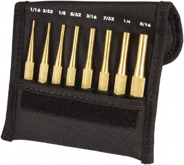 Starrett - 8 Piece, 1/16 to 5/16", Pin Punch Set - Round Shank, Brass, Comes in Pouch - Exact Tool & Supply