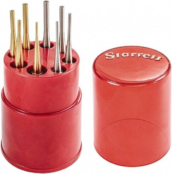 Starrett - 8 Piece, 1/16 to 5/32", Pin Punch Set - Round Shank, Brass & Steel, Comes in Plastic Tube - Exact Tool & Supply