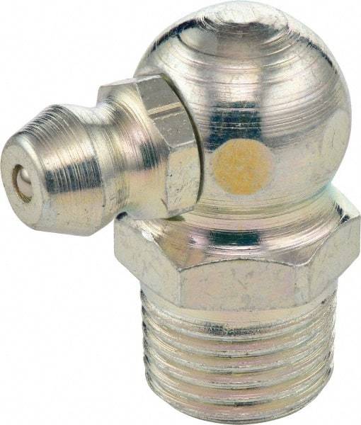 Umeta - 90° Head Angle, 3/8-18 NPT Steel Standard Grease Fitting - 17mm Hex, 20mm Overall Height, 7mm Shank Length, Zinc Plated Finish - Exact Tool & Supply