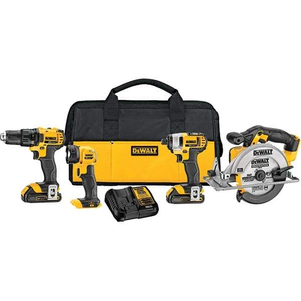 DeWALT - 20 Volt Cordless Tool Combination Kit - Includes 1/2" Drill/Driver, 1/4" Compact Impact Driver, 6-1/2" Circular Saw & Handheld Light, Lithium-Ion Battery Included - Exact Tool & Supply