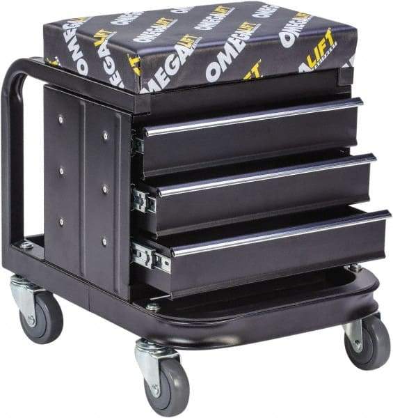 Omega Lift Equipment - 450 Lb Capacity, 4 Wheel Creeper Seat with Drawers - Steel, 18-1/4" Long x 18-7/8" High x 14" Wide - Exact Tool & Supply