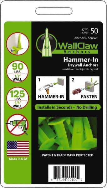 WallClaw Anchors - #8 Screw, 1/2" Diam, 2" Long, 1/4" Thick, Hammer-In Drywall & Hollow Wall Anchor - Nylon, Use with Drywall & Hollow Wall - Exact Tool & Supply