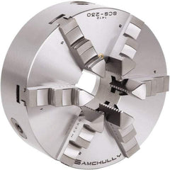 Samchully - 6 Jaw, 232mm Diam, Self Centering Manual Lathe Chuck - Plain Back Mount, Adjustable, 75mm Through Hole Diam, Forged Steel - Exact Tool & Supply