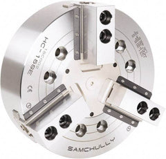 Samchully - 3 Jaw, 530mm Chuck Diam, Plain Back Mount, 0mm Through Hole Diam, Drawbar Hydraulic Power Lathe Chuck - 3mm x 60° Serrated Jaw Interface, 1,940 RPM, Steel Body - Exact Tool & Supply