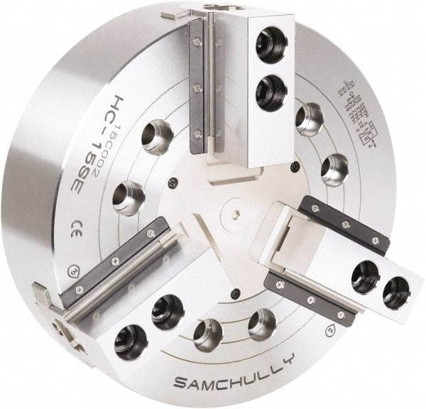 Samchully - 3 Jaw, 610mm Chuck Diam, Plain Back Mount, 0mm Through Hole Diam, Drawbar Hydraulic Power Lathe Chuck - 3mm x 60° Serrated Jaw Interface, 1,760 RPM, Steel Body - Exact Tool & Supply