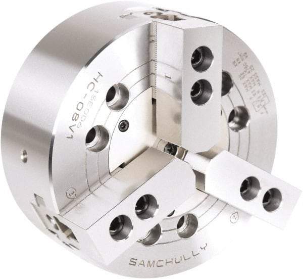 Samchully - 3 Jaw, 800mm Chuck Diam, Plain Back Mount, 0mm Through Hole Diam, Drawbar Hydraulic Power Lathe Chuck - 3mm x 60° Serrated Jaw Interface, 800 RPM, Steel Body - Exact Tool & Supply