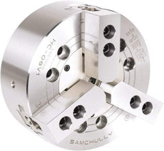 Samchully - 3 Jaw, 304mm Chuck Diam, Plain Back Mount, 0mm Through Hole Diam, Drawbar Hydraulic Power Lathe Chuck - 1.5mm x 60° Serrated Jaw Interface, 3,380 RPM, Steel Body - Exact Tool & Supply