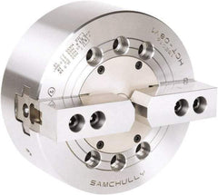 Samchully - 2 Jaw, 304mm Chuck Diam, Plain Back Mount, 0mm Through Hole Diam, Drawbar Hydraulic Power Lathe Chuck - 1.5mm x 60° Serrated Jaw Interface, 3,000 RPM, Steel Body - Exact Tool & Supply