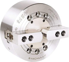 Samchully - 2 Jaw, 254mm Chuck Diam, Plain Back Mount, 0mm Through Hole Diam, Drawbar Hydraulic Power Lathe Chuck - 1.5mm x 60° Serrated Jaw Interface, 3,100 RPM, Steel Body - Exact Tool & Supply