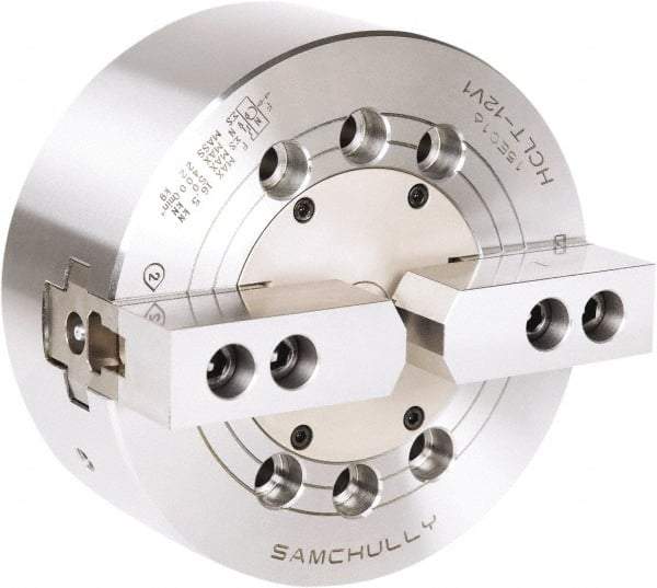 Samchully - 2 Jaw, 304mm Chuck Diam, Plain Back Mount, 0mm Through Hole Diam, Drawbar Hydraulic Power Lathe Chuck - 1.5mm x 60° Serrated Jaw Interface, 2,500 RPM, Steel Body - Exact Tool & Supply