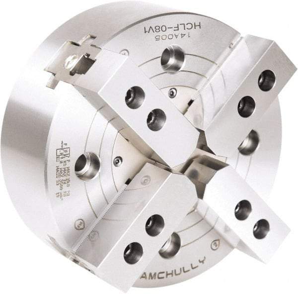 Samchully - 4 Jaw, 210mm Chuck Diam, Plain Back Mount, 0mm Through Hole Diam, Drawbar Hydraulic Power Lathe Chuck - 1.5mm x 60° Serrated Jaw Interface, 3,600 RPM, Steel Body - Exact Tool & Supply