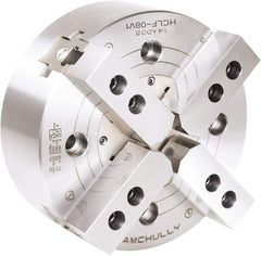 Samchully - 4 Jaw, 210mm Chuck Diam, Plain Back Mount, 0mm Through Hole Diam, Drawbar Hydraulic Power Lathe Chuck - 1.5mm x 60° Serrated Jaw Interface, 3,600 RPM, Steel Body - Exact Tool & Supply