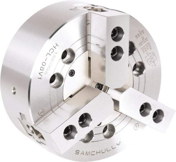Samchully - 3 Jaw, 304mm Chuck Diam, Plain Back Mount, 0mm Through Hole Diam, Drawbar Hydraulic Power Lathe Chuck - 1.5mm x 60° Serrated Jaw Interface, 2,500 RPM, Steel Body - Exact Tool & Supply