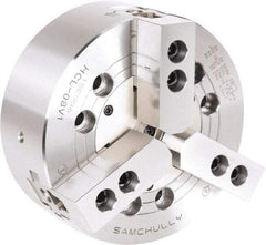 Samchully - 3 Jaw, 304mm Chuck Diam, Plain Back Mount, 0mm Through Hole Diam, Drawbar Hydraulic Power Lathe Chuck - 1.5mm x 60° Serrated Jaw Interface, 2,500 RPM, Steel Body - Exact Tool & Supply