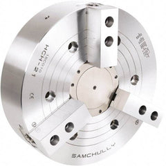 Samchully - 3 Jaw, 800mm Chuck Diam, Plain Back Mount, 240mm Through Hole Diam, Drawtube Hydraulic Power Lathe Chuck - 3mm x 60° Serrated Jaw Interface, 1,200 RPM, Steel Body - Exact Tool & Supply
