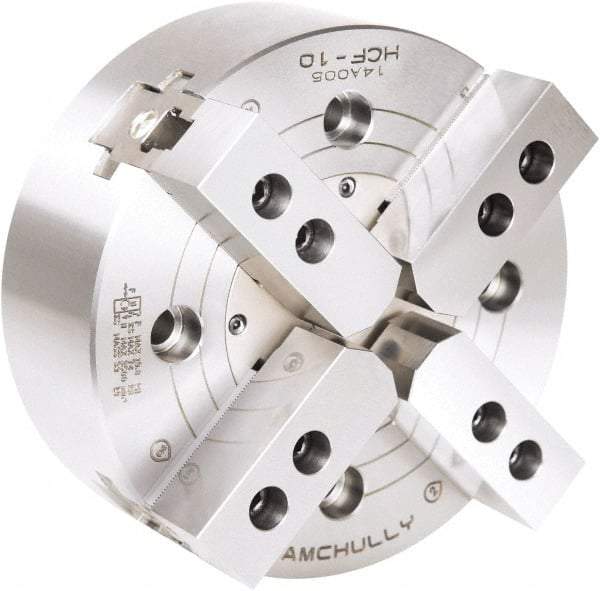 Samchully - 4 Jaw, 530mm Chuck Diam, Plain Back Mount, 0mm Through Hole Diam, Drawbar Hydraulic Power Lathe Chuck - 3mm x 60° Serrated Jaw Interface, 1,700 RPM, Steel Body - Exact Tool & Supply