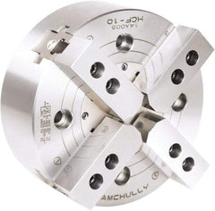Samchully - 4 Jaw, 610mm Chuck Diam, Plain Back Mount, 0mm Through Hole Diam, Drawbar Hydraulic Power Lathe Chuck - 3mm x 60° Serrated Jaw Interface, 1,500 RPM, Steel Body - Exact Tool & Supply