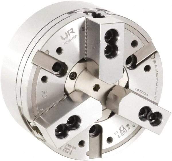 Samchully - 3 Jaw, 315mm Chuck Diam, Plain Back Mount, 122mm Through Hole Diam, Drawtube Hydraulic Power Lathe Chuck - 1/16" x 90° Serrated Jaw Interface, 3,200 RPM, Steel Body - Exact Tool & Supply