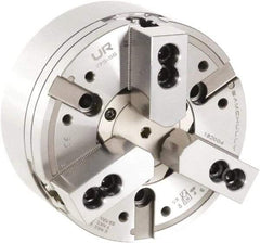 Samchully - 3 Jaw, 315mm Chuck Diam, Plain Back Mount, 122mm Through Hole Diam, Drawtube Hydraulic Power Lathe Chuck - 1/16" x 90° Serrated Jaw Interface, 3,200 RPM, Steel Body - Exact Tool & Supply