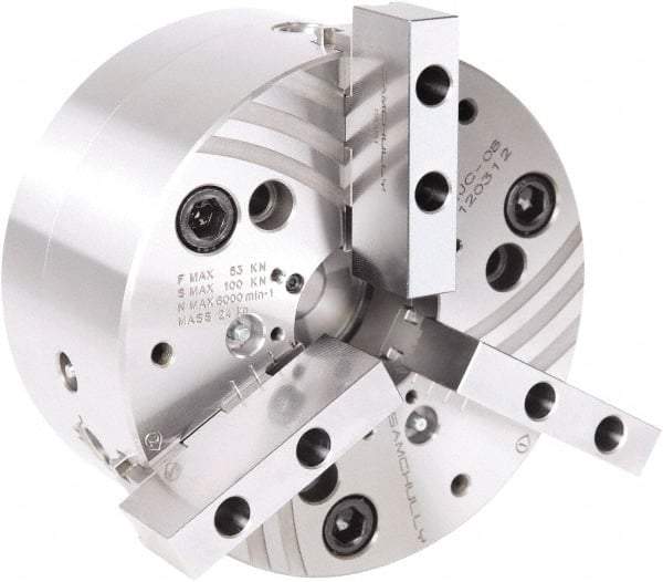 Samchully - 3 Jaw, 500mm Chuck Diam, Plain Back Mount, 155mm Through Hole Diam, Drawtube Hydraulic Power Lathe Chuck - Tongue & Groove Jaw Interface, 2,200 RPM, Steel Body - Exact Tool & Supply