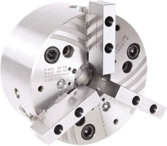 Samchully - 3 Jaw, 500mm Chuck Diam, Plain Back Mount, 155mm Through Hole Diam, Drawtube Hydraulic Power Lathe Chuck - Tongue & Groove Jaw Interface, 2,200 RPM, Steel Body - Exact Tool & Supply