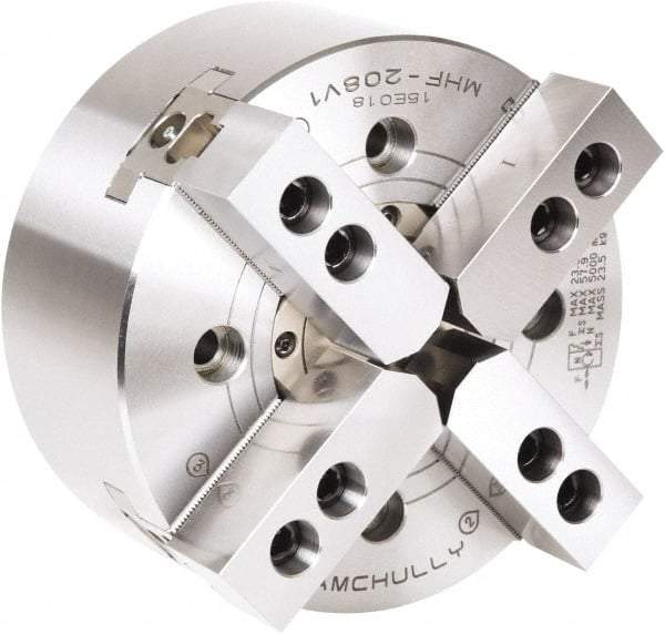 Samchully - 4 Jaw, 210mm Chuck Diam, Plain Back Mount, 66mm Through Hole Diam, Drawtube Hydraulic Power Lathe Chuck - 1.5mm x 60° Serrated Jaw Interface, 5,000 RPM, Steel Body - Exact Tool & Supply