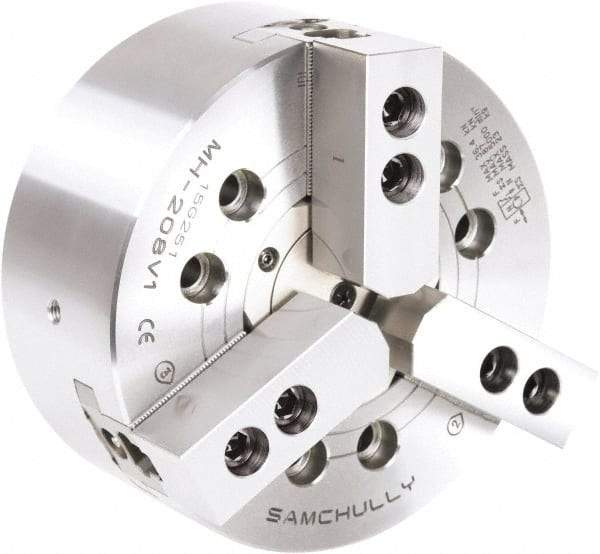 Samchully - 3 Jaw, 610mm Chuck Diam, Plain Back Mount, 190mm Through Hole Diam, Drawtube Hydraulic Power Lathe Chuck - 1.5mm x 60° Serrated Jaw Interface, 1,400 RPM, Steel Body - Exact Tool & Supply