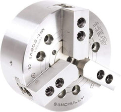 Samchully - 3 Jaw, 457mm Chuck Diam, Plain Back Mount, 166.5mm Through Hole Diam, Drawtube Hydraulic Power Lathe Chuck - 3mm x 60° Serrated Jaw Interface, 2,000 RPM, Steel Body - Exact Tool & Supply