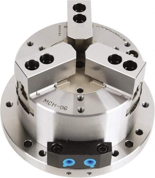 Samchully - 3 Jaw, 300mm Chuck Diam, Plain Back Mount, 0mm Through Hole Diam, Self-Contained Hydraulic Power Lathe Chuck - 1.5mm x 60° Serrated Jaw Interface, Steel Body - Exact Tool & Supply