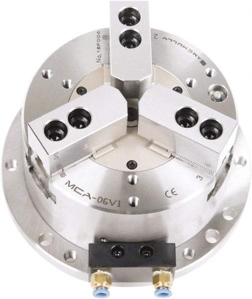 Samchully - 3 Jaw, 300mm Chuck Diam, Plain Back Mount, 0mm Through Hole Diam, Self-Contained Air Power Lathe Chuck - 1.5mm x 60° Serrated Jaw Interface, Steel Body - Exact Tool & Supply