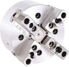 Samchully - 4 Jaw, 304mm Chuck Diam, Plain Back Mount, 0mm Through Hole Diam, Drawbar Hydraulic Power Lathe Chuck - 1.5mm x 60° Serrated Jaw Interface, 3,000 RPM, Steel Body - Exact Tool & Supply