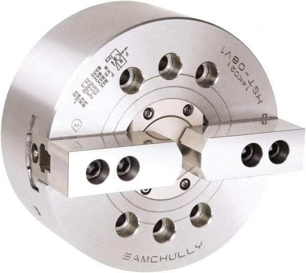 Samchully - 2 Jaw, 210mm Chuck Diam, Plain Back Mount, 52mm Through Hole Diam, Drawtube Hydraulic Power Lathe Chuck - 1.5mm x 60° Serrated Jaw Interface, 5,000 RPM, Steel Body - Exact Tool & Supply