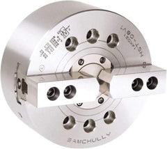 Samchully - 2 Jaw, 210mm Chuck Diam, Plain Back Mount, 52mm Through Hole Diam, Drawtube Hydraulic Power Lathe Chuck - 1.5mm x 60° Serrated Jaw Interface, 5,000 RPM, Steel Body - Exact Tool & Supply