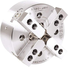 Samchully - 4 Jaw, 304mm Chuck Diam, Plain Back Mount, 91mm Through Hole Diam, Drawtube Hydraulic Power Lathe Chuck - 1.5mm x 60° Serrated Jaw Interface, 3,300 RPM, Steel Body - Exact Tool & Supply
