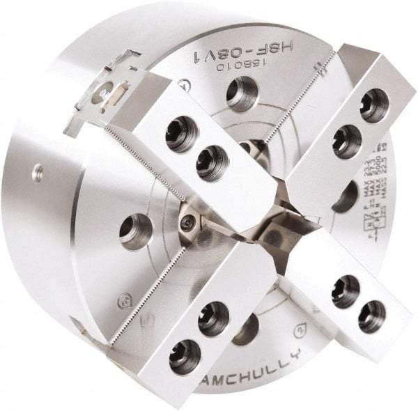 Samchully - 4 Jaw, 254mm Chuck Diam, Plain Back Mount, 77mm Through Hole Diam, Drawtube Hydraulic Power Lathe Chuck - 1.5mm x 60° Serrated Jaw Interface, 4,200 RPM, Steel Body - Exact Tool & Supply