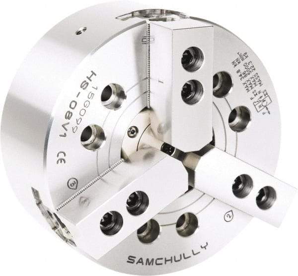 Samchully - 3 Jaw, 304mm Chuck Diam, Plain Back Mount, 91mm Through Hole Diam, Drawtube Hydraulic Power Lathe Chuck - 1.5mm x 60° Serrated Jaw Interface, 3,300 RPM, Steel Body - Exact Tool & Supply