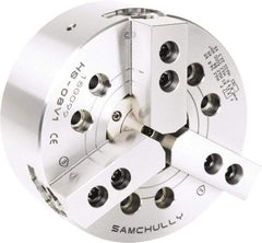 Samchully - 3 Jaw, 304mm Chuck Diam, Plain Back Mount, 91mm Through Hole Diam, Drawtube Hydraulic Power Lathe Chuck - 1.5mm x 60° Serrated Jaw Interface, 3,300 RPM, Steel Body - Exact Tool & Supply