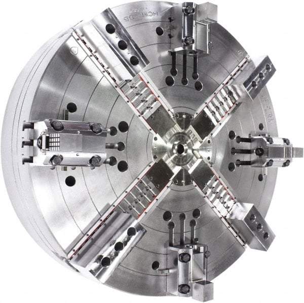 Samchully - 4 Jaw, 1400mm Chuck Diam, Plain Back Mount, 0mm Through Hole Diam, Drawbar Hydraulic Power Lathe Chuck - Tongue & Groove Jaw Interface, 400 RPM, Steel Body - Exact Tool & Supply