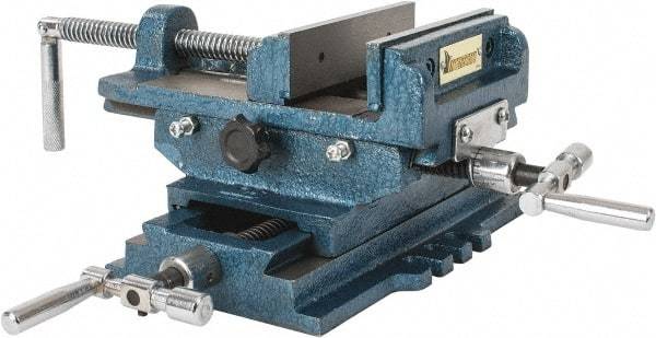 Interstate - 5-5/16" Jaw Opening Capacity x 1-5/16" Throat Depth, Horizontal Drill Press Vise - 5" Wide x 1-5/16" High Jaw, Cross Slide Base, Standard Speed, 10" OAL x 5.3" Overall Height, Cast Iron - Exact Tool & Supply