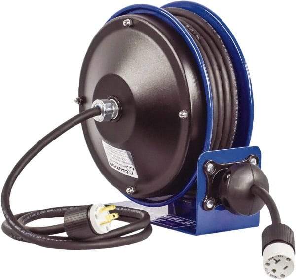 CoxReels - 12 AWG, 30' Cable Length, Cord & Cable Reel with Outlet End - 1 Outlet, NEMA 5-20R, 20 Amps, 115 Volts, SJO Cable, Blue Reel, Spring Driven Reel - Exact Tool & Supply