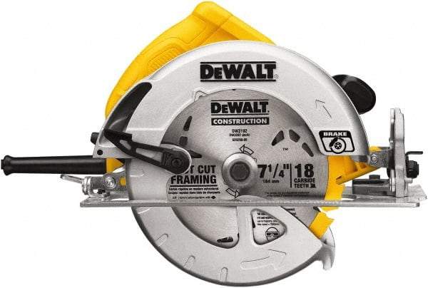 DeWALT - 15 Amps, 7-1/4" Blade Diam, 5,200 RPM, Electric Circular Saw - 120 Volts, 5/8" Arbor Hole, Right Blade - Exact Tool & Supply