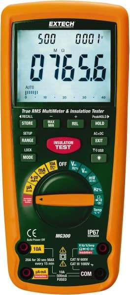 Extech - Digital LCD Display, 4,000 Megohm Electrical Insulation Resistance Tester & Megohmmeter - 1,000 VAC/VDC Max Test Voltage, Powered by 1.5V AA Battery - Exact Tool & Supply