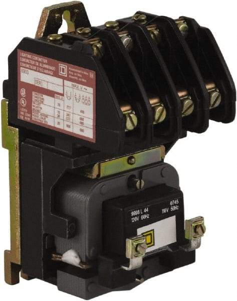 Square D - No Enclosure, 4 Pole, Electrically Held Lighting Contactor - 20 A (Tungsten), 30 A (Fluorescent), 208 VAC at 60 Hz, 4NO Contact Configuration - Exact Tool & Supply