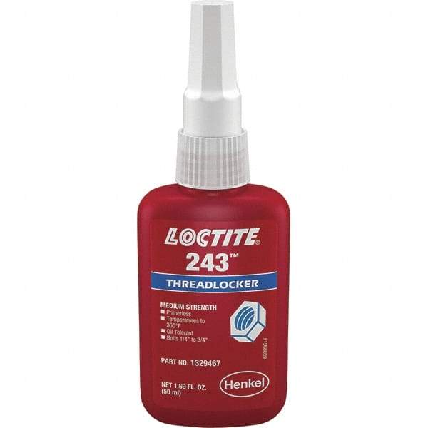 Loctite - 50 mL Bottle, Blue, Medium Strength Liquid Threadlocker - Series 243, 24 hr Full Cure Time, Hand Tool Removal - Exact Tool & Supply