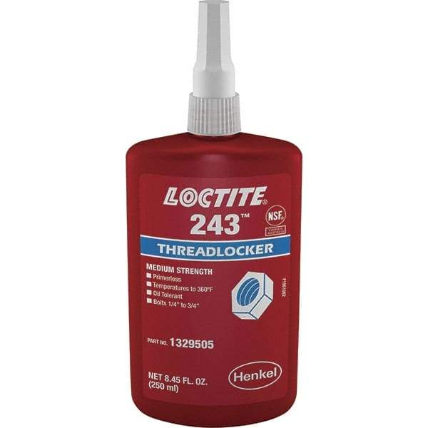 Loctite - 250 mL Bottle, Blue, Medium Strength Liquid Threadlocker - Series 243, 24 hr Full Cure Time, Hand Tool, Heat Removal - Exact Tool & Supply