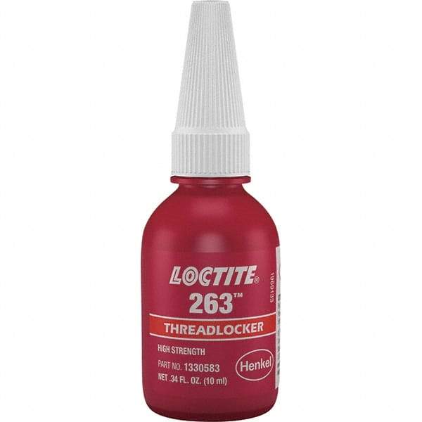 Loctite - 10 mL Bottle, Red, High Strength Liquid Threadlocker - Series 263, 24 hr Full Cure Time, Hand Tool, Heat Removal - Exact Tool & Supply
