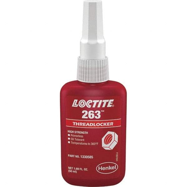 Loctite - 50 mL Bottle, Red, High Strength Liquid Threadlocker - Series 263, 24 hr Full Cure Time, Hand Tool, Heat Removal - Exact Tool & Supply